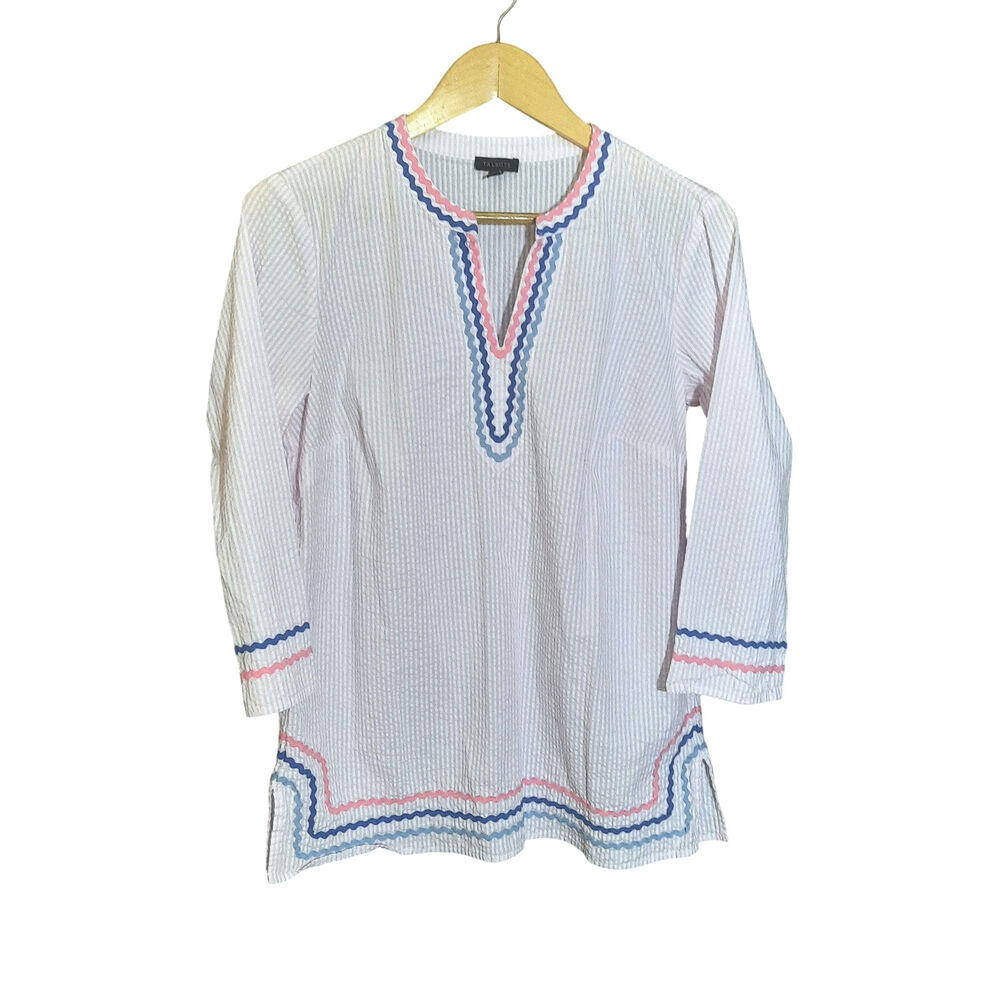 Talbots Womens Pink Seersucker Split Neck Ric Rac Trim Pullover Tunic Size S